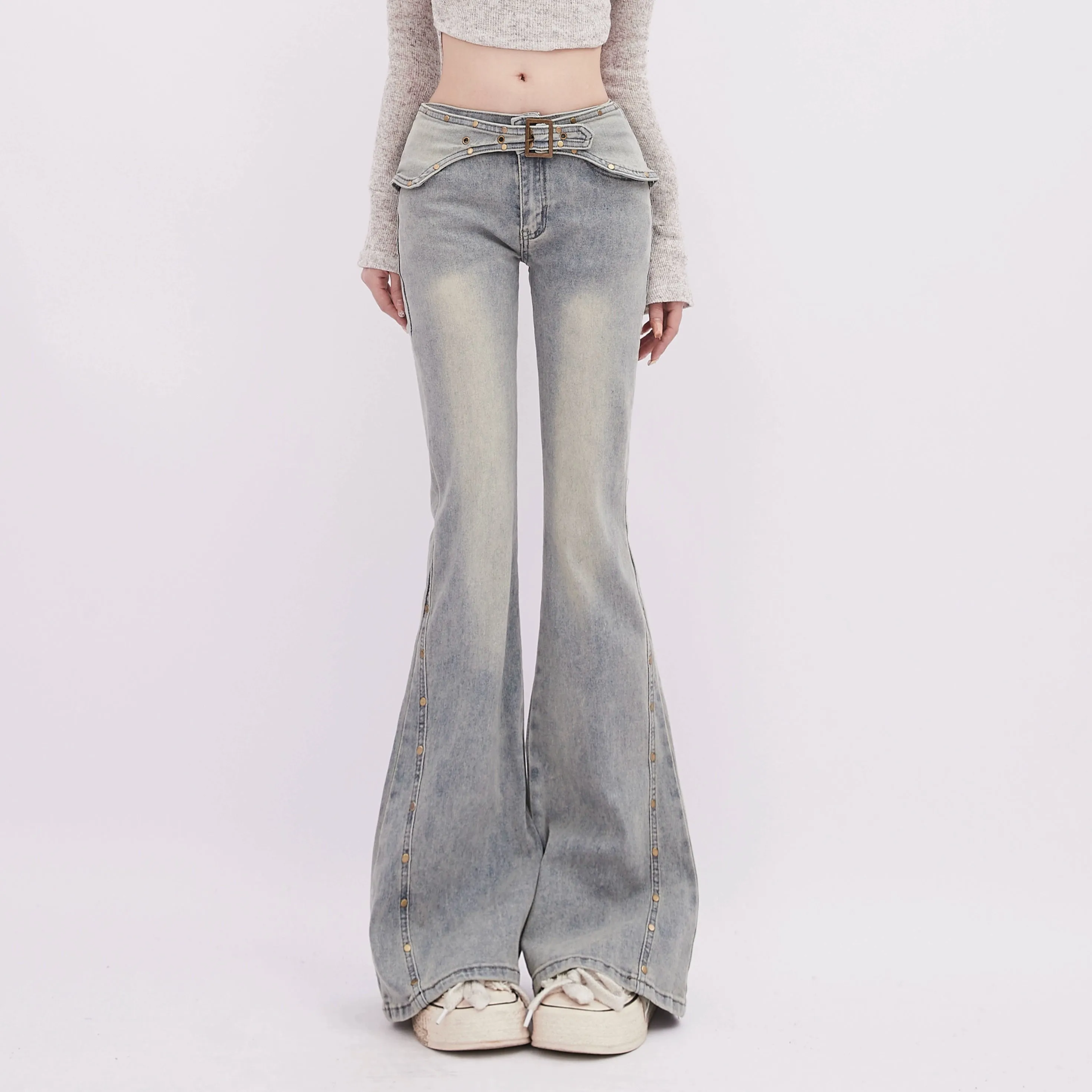 Retro Flared Jeans With Rivet Belt Detail