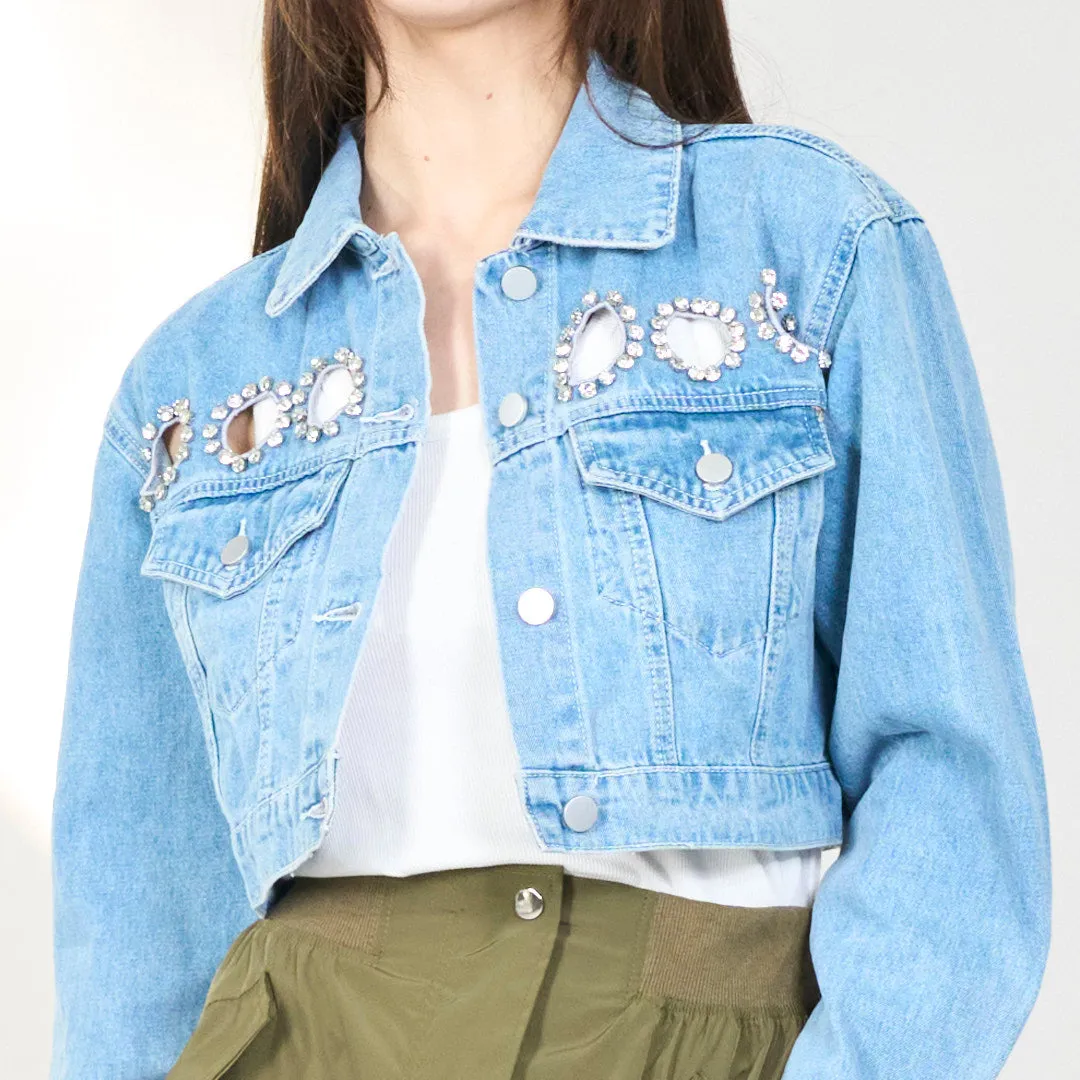 Rhinestone cutout cropped denim jacket wholesale