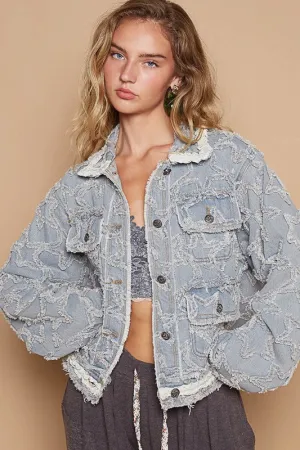 Rise To Stardom Textured Raw Hem Long Sleeve Denim Jacket