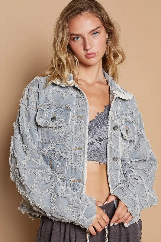 Rise To Stardom Textured Raw Hem Long Sleeve Denim Jacket