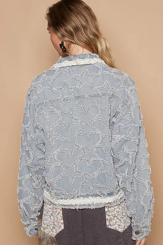 Rise To Stardom Textured Raw Hem Long Sleeve Denim Jacket