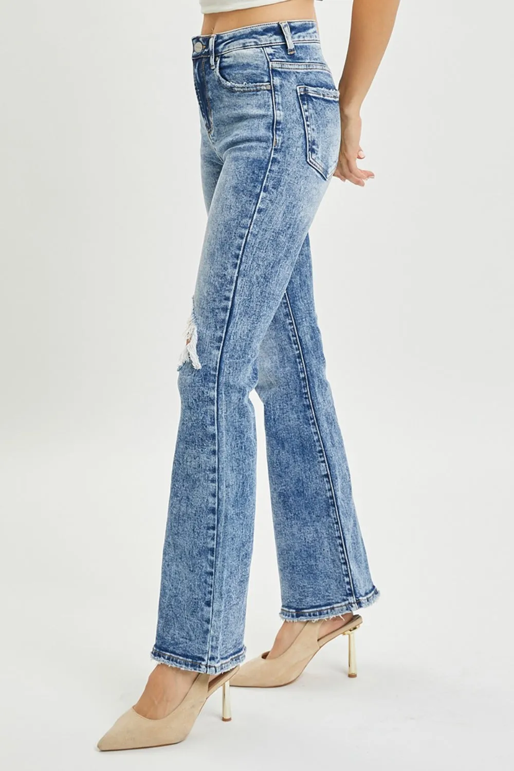 RISEN High Waisted Distressed Blue Denim Flared Leg Jeans