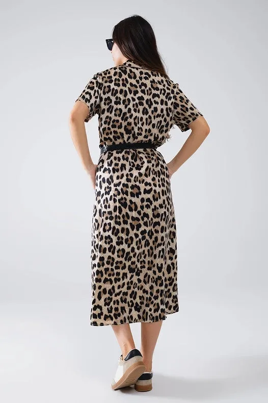 Short Sleeve Shirt Midi Dress with Belt in Leopard Print