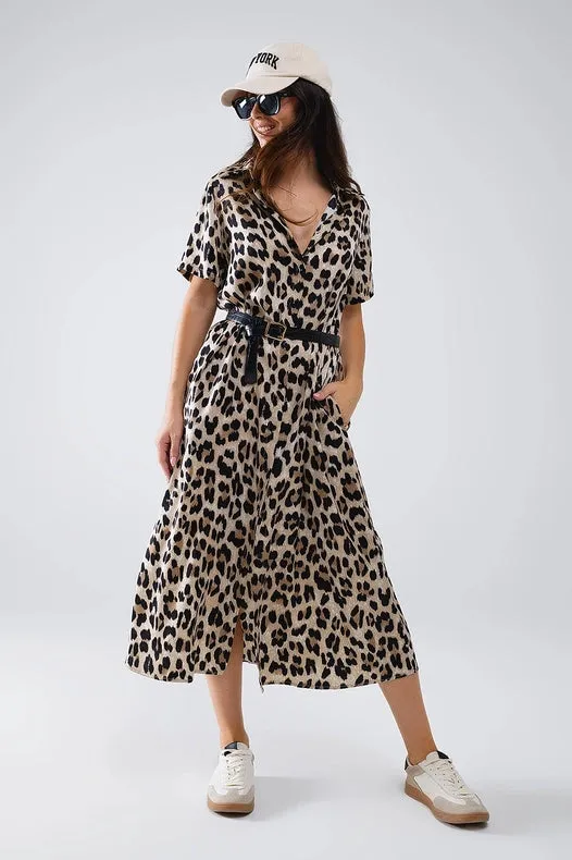 Short Sleeve Shirt Midi Dress with Belt in Leopard Print