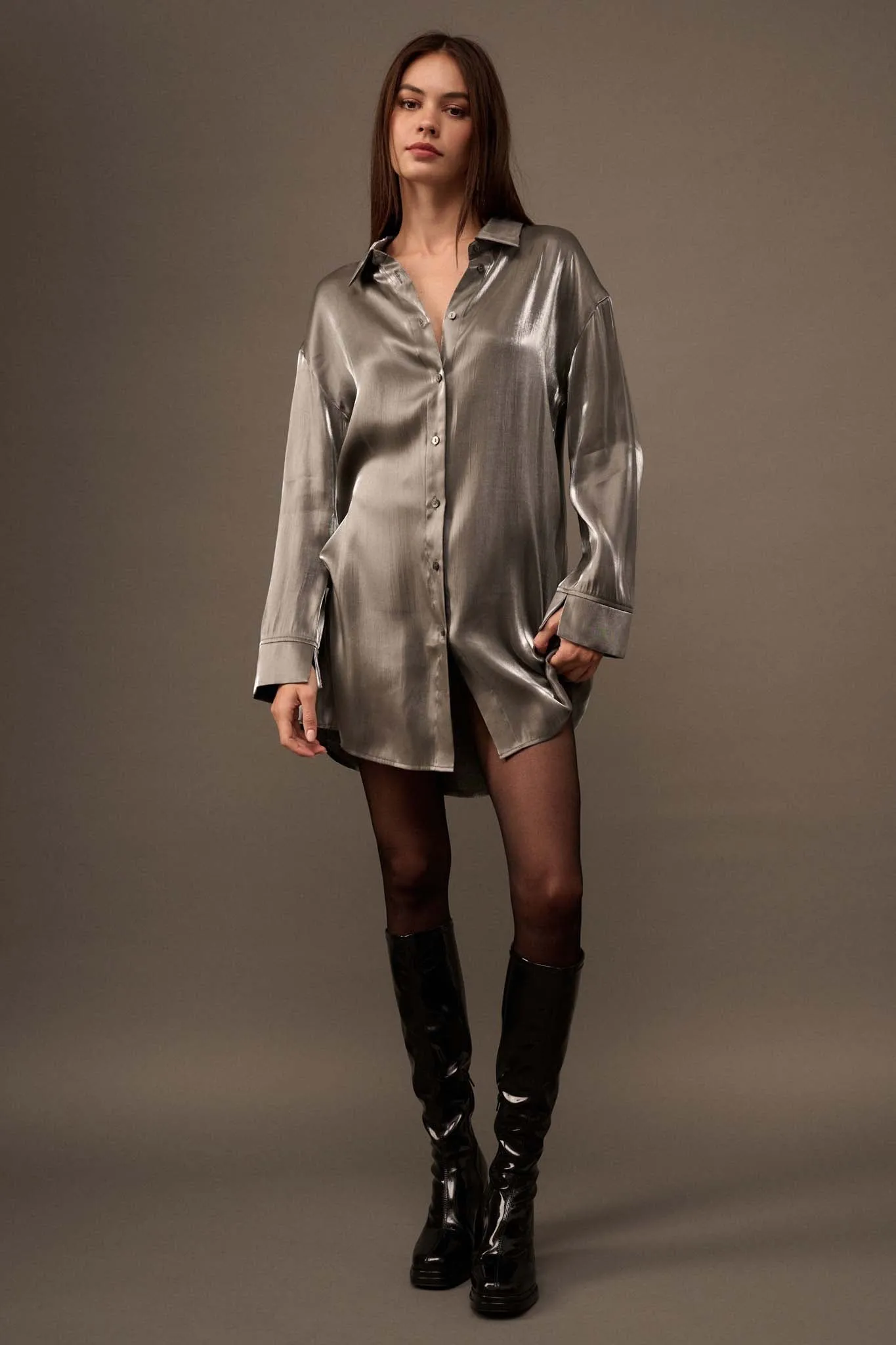 Silver Lining Metallic Lamé Shirt Dress