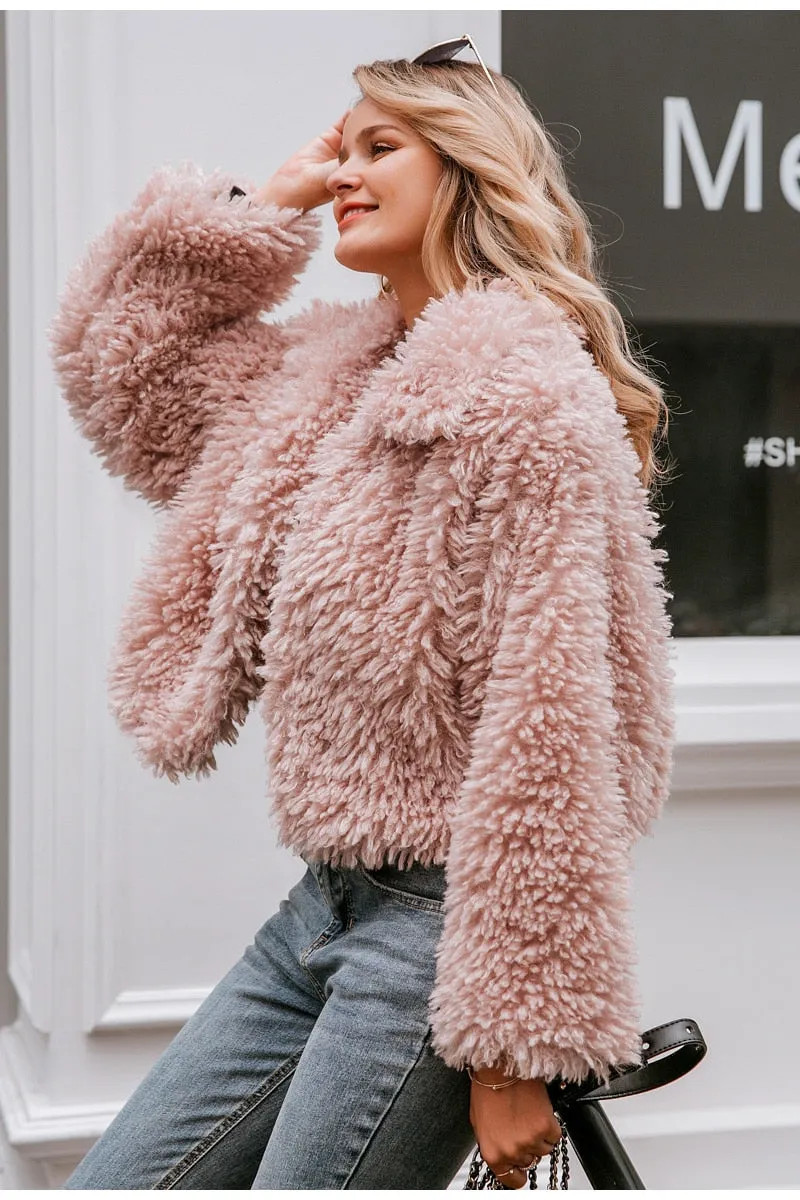 Simplee Casual long sleeve warm loose overcoats women 2019 Autumn winter female fake fur coat Ladies elegant solid lapel outwear