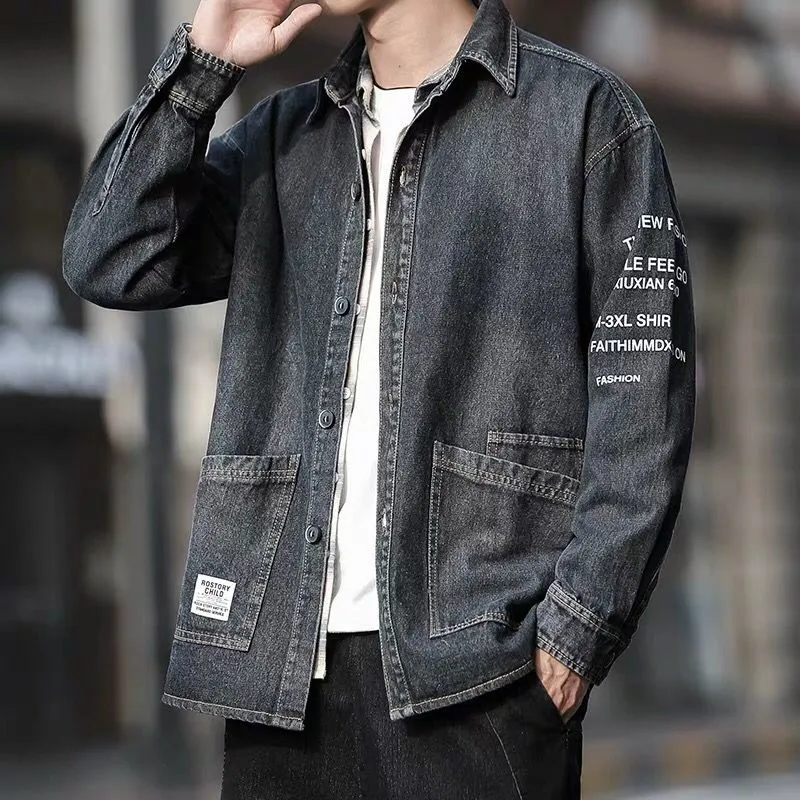 Spring autumn 2021 letter printed men's Korean trendy coat man loose casual lapel denim jacket