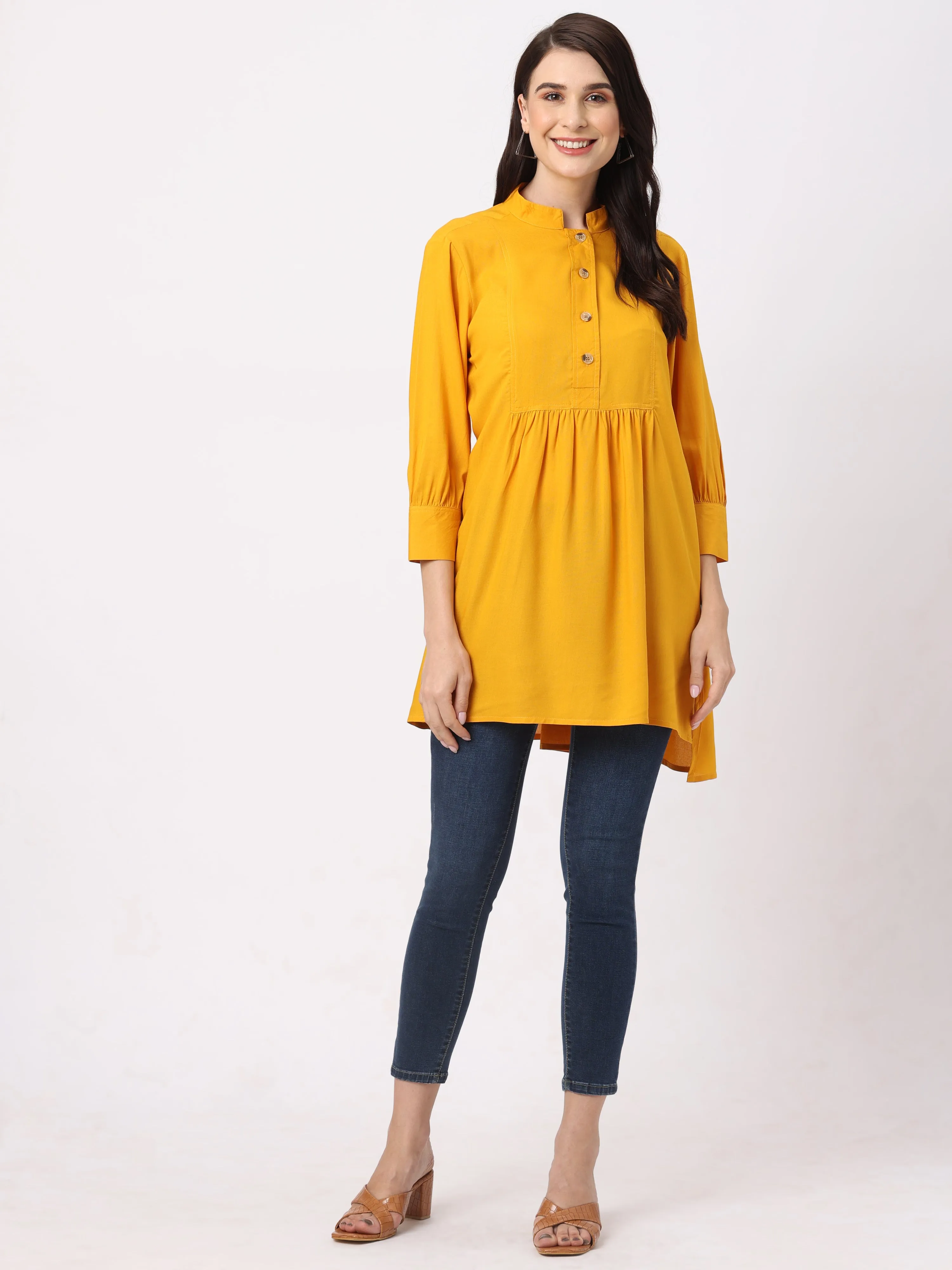 Stylish Mustard Peplum Women’s Full Sleeves Tunic Top