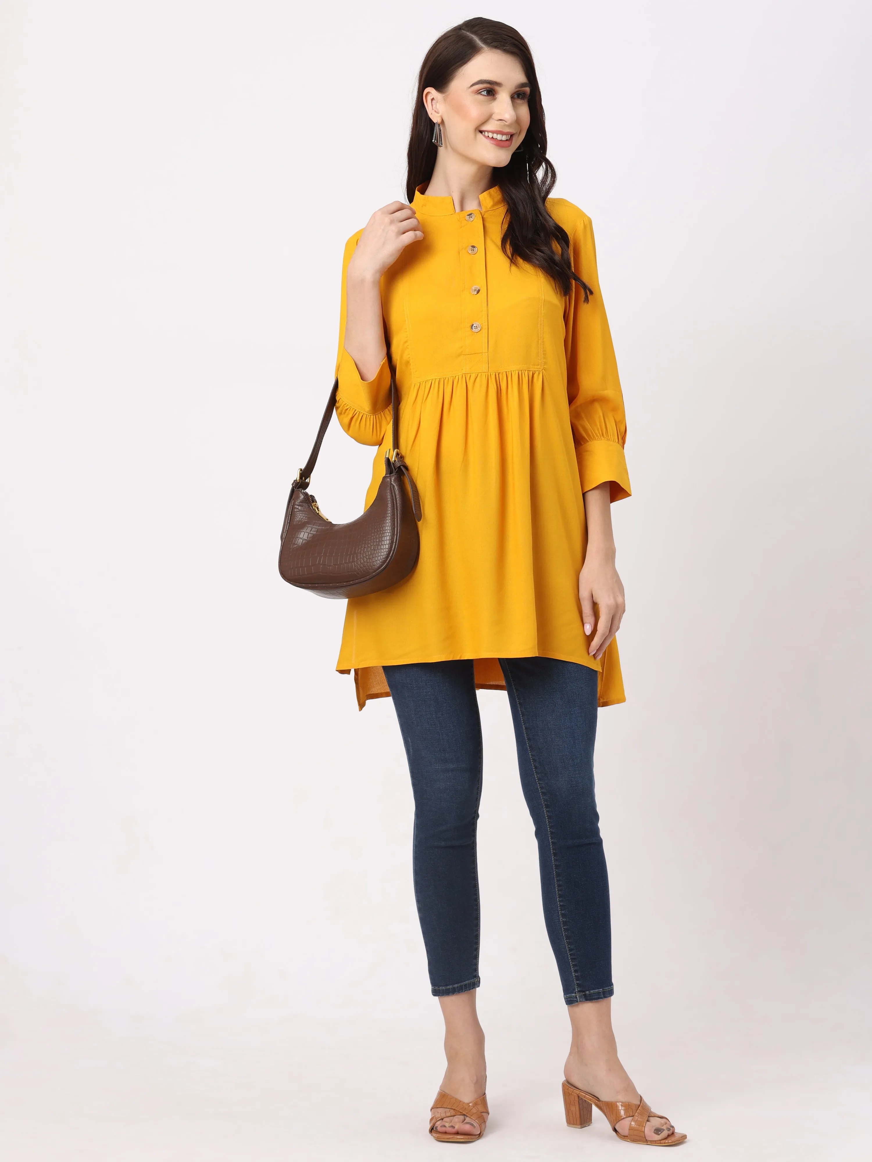 Stylish Mustard Peplum Women’s Full Sleeves Tunic Top