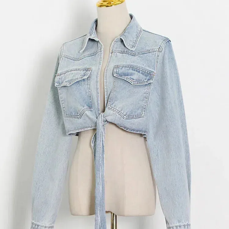 Stylish ROMISS Patchwork Lace Up Denim Jacket for Women