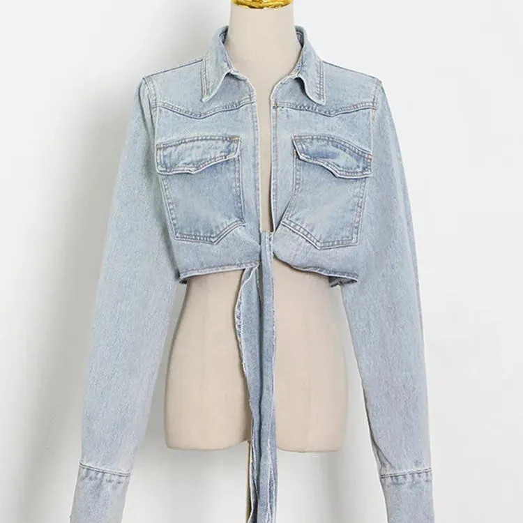 Stylish ROMISS Patchwork Lace Up Denim Jacket for Women