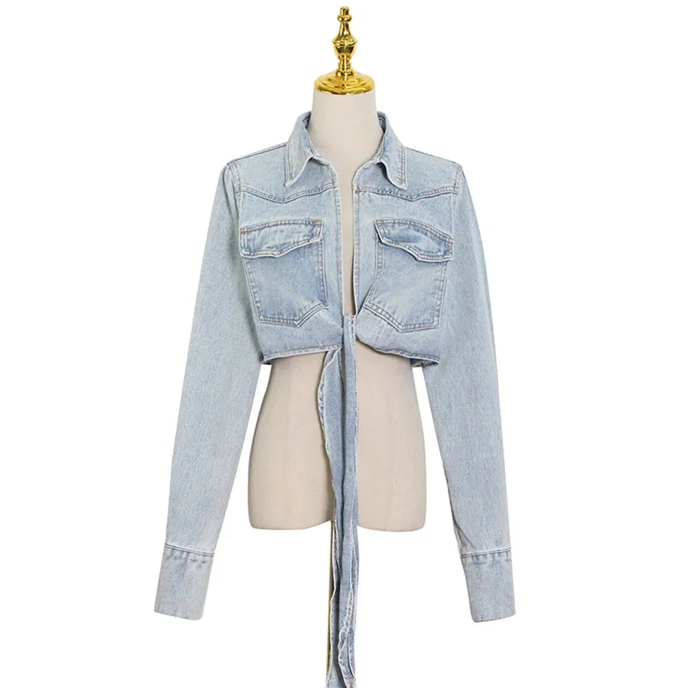 Stylish ROMISS Patchwork Lace Up Denim Jacket for Women