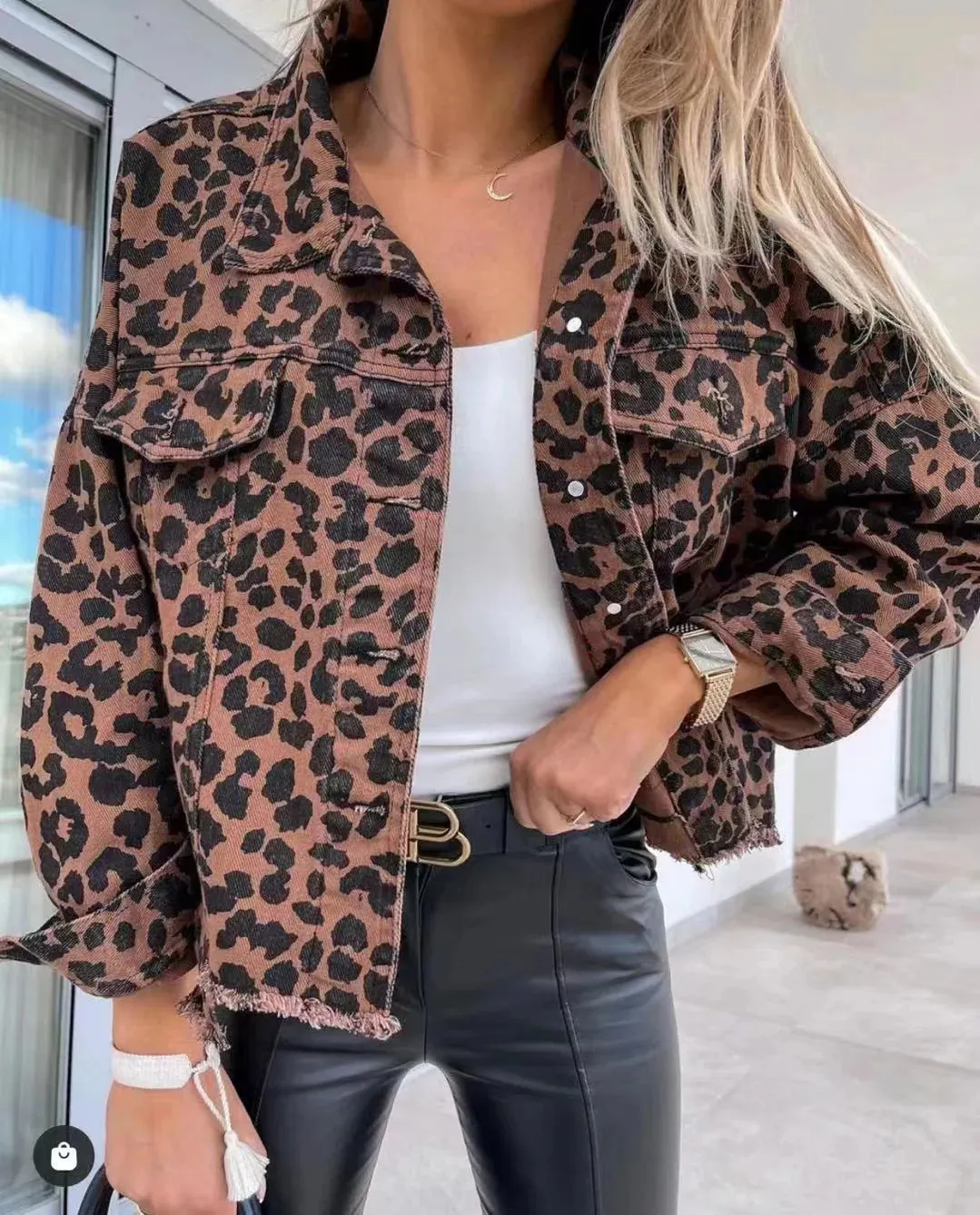 Trendy Leopard Casual Denim Coat