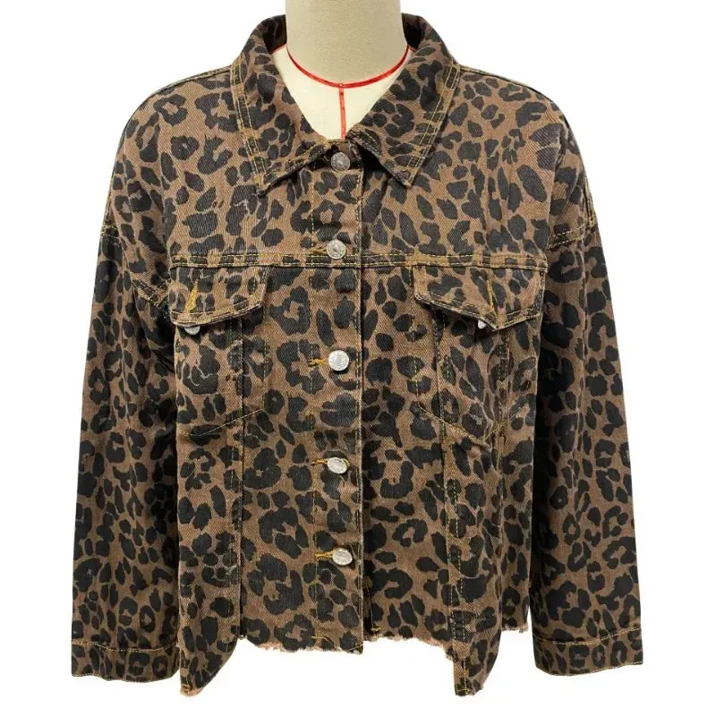 Trendy Leopard Casual Denim Coat