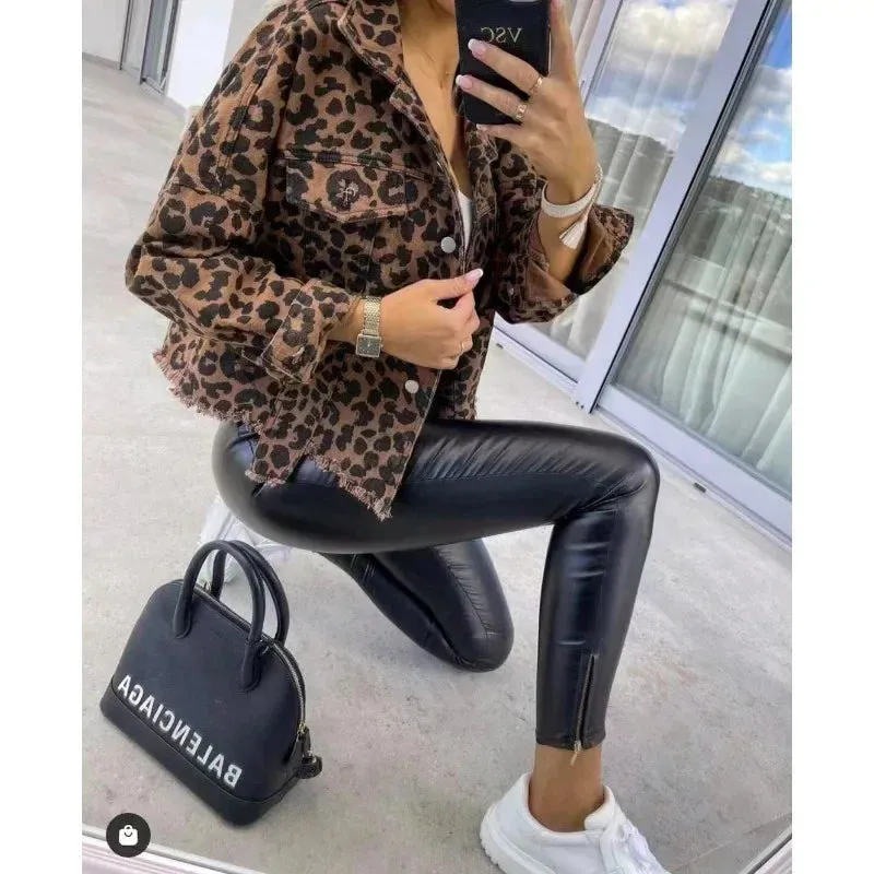 Trendy Leopard Casual Denim Coat