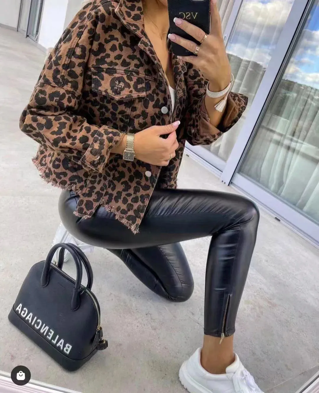 Trendy Leopard Casual Denim Coat