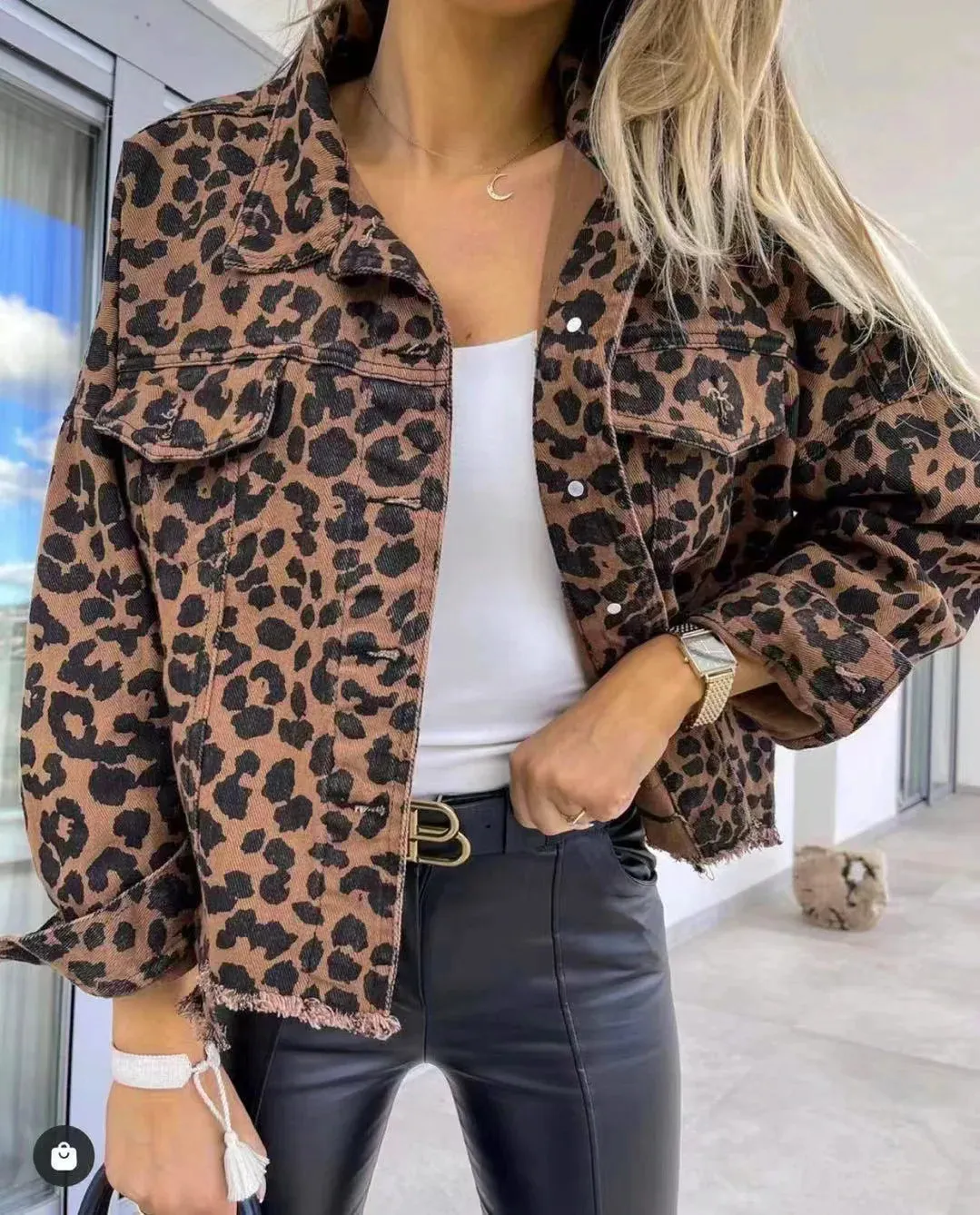 Trendy Leopard Casual Denim Coat