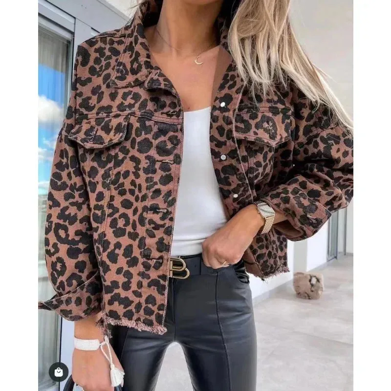 Trendy Leopard Casual Denim Coat