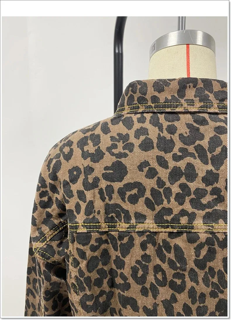 Trendy Leopard Casual Denim Coat