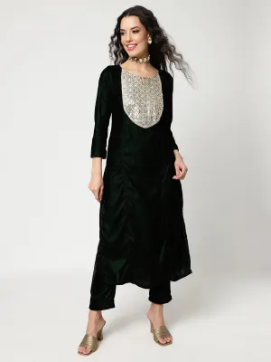 Velvet Embroidered Neck Kurta With Straight Pant Set