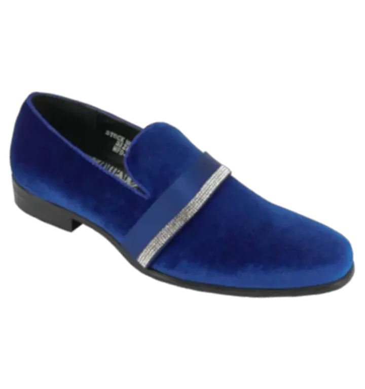 Velvet royal blue slip on shoes with diamonds stone tuxedo style