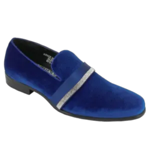 Velvet royal blue slip on shoes with diamonds stone tuxedo style