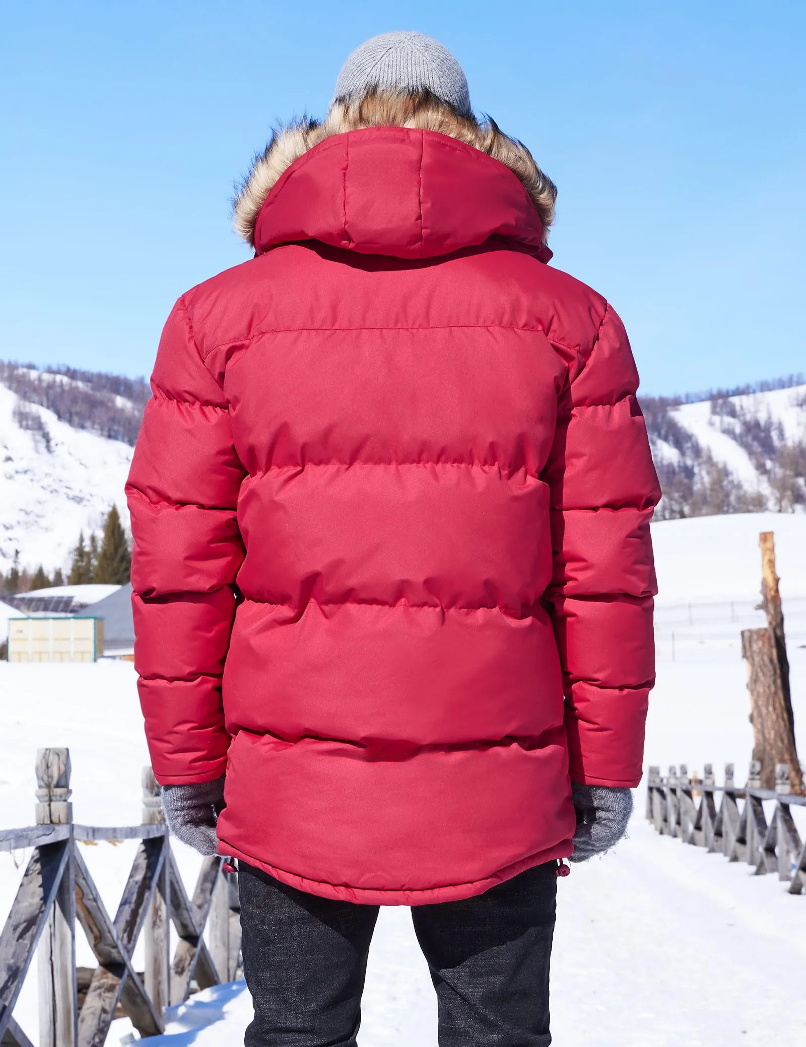 VOPOKER Winter Coats for Men Men's Long Winter Hooded Jacket Warm Windproof Puffy Coat Padded Thicken Parka Jackets Red Size 4XL