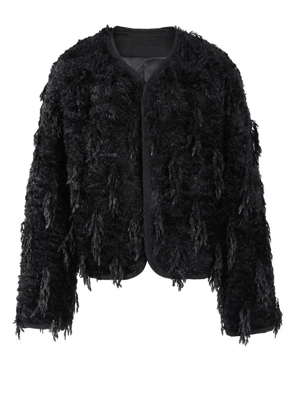 Wenkouban-Winter outfits Christmas O-Neck Fringed Thick Fuzzy Short Coat