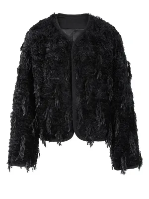 Wenkouban-Winter outfits Christmas O-Neck Fringed Thick Fuzzy Short Coat