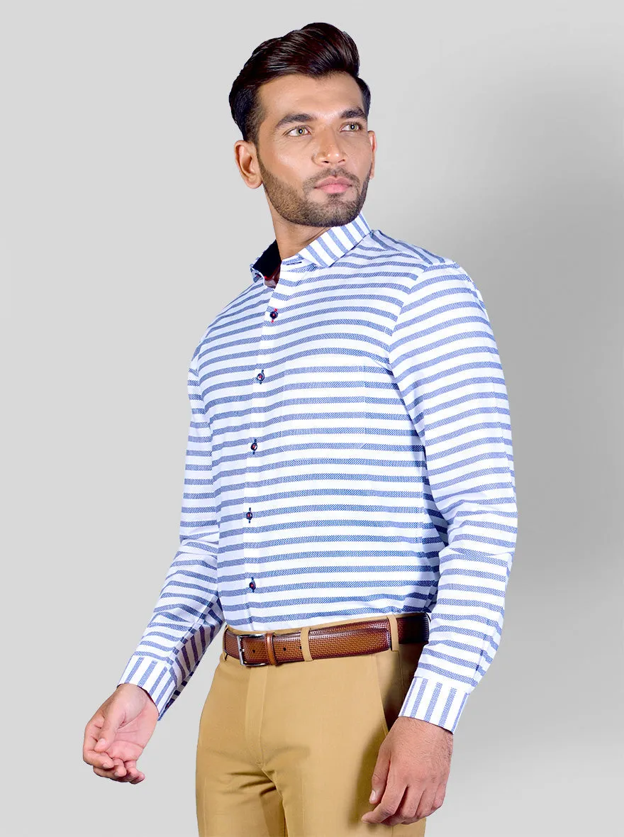 White & Blue Striped Slim Fit Party Wear Shirt | Greenfibre