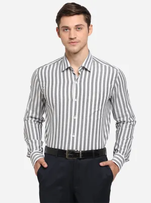 White & Grey Striped Slim Fit Formal Shirt | JadeBlue