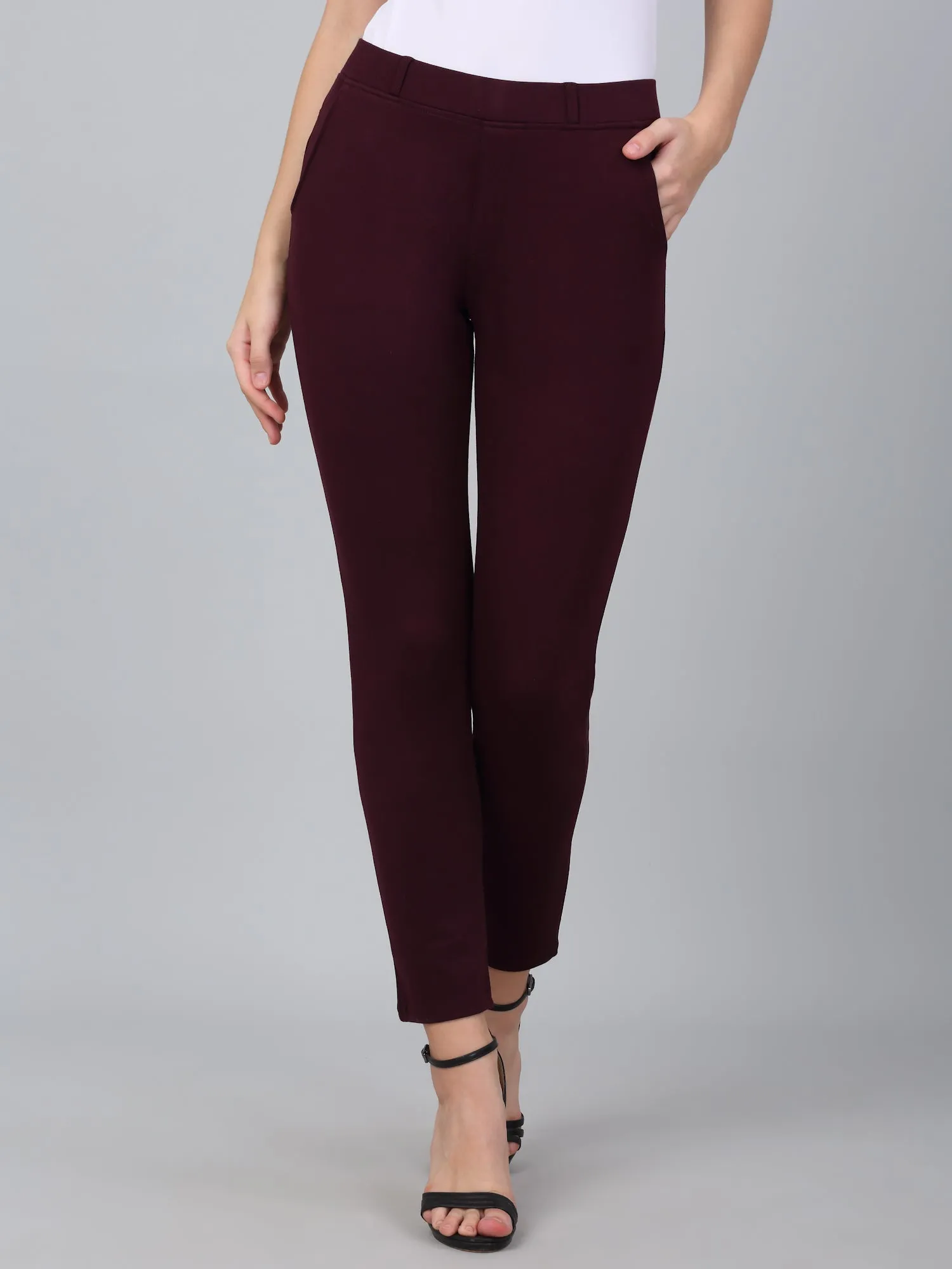 Wine Solid Ankle Length Regular Fit Jegging For Women