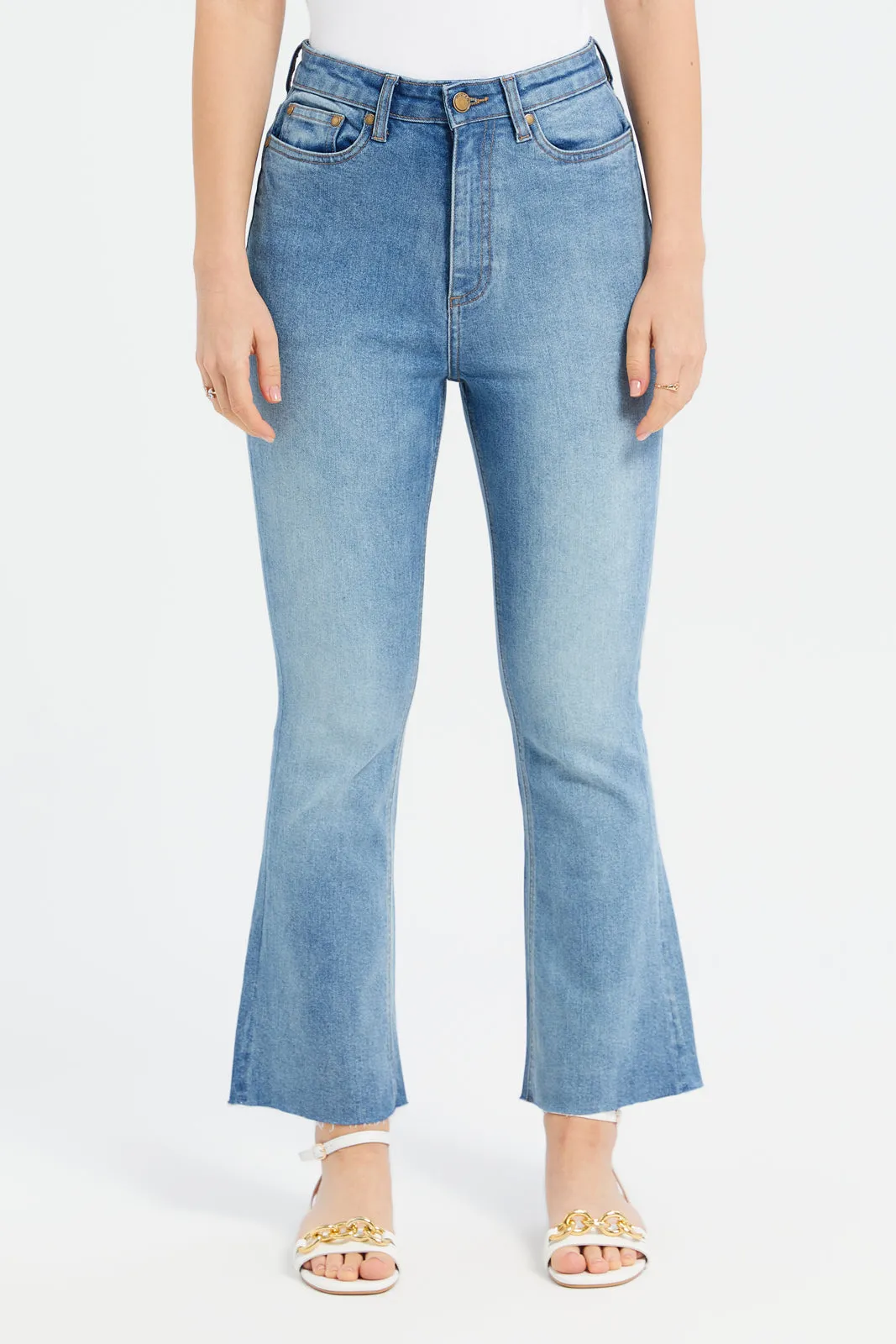 Women Blue Worked Flared Leg Jeans