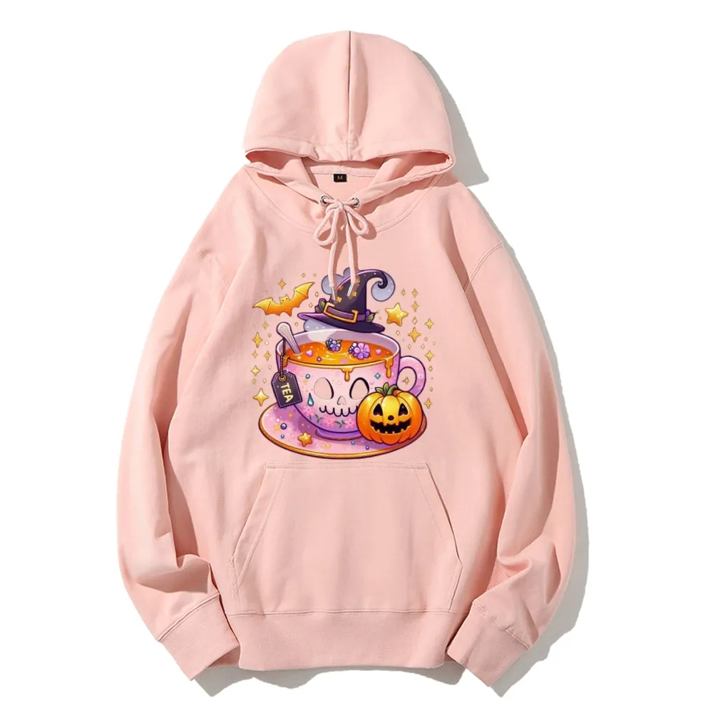 Women Cute Halloween Tea Graphic Hoodies