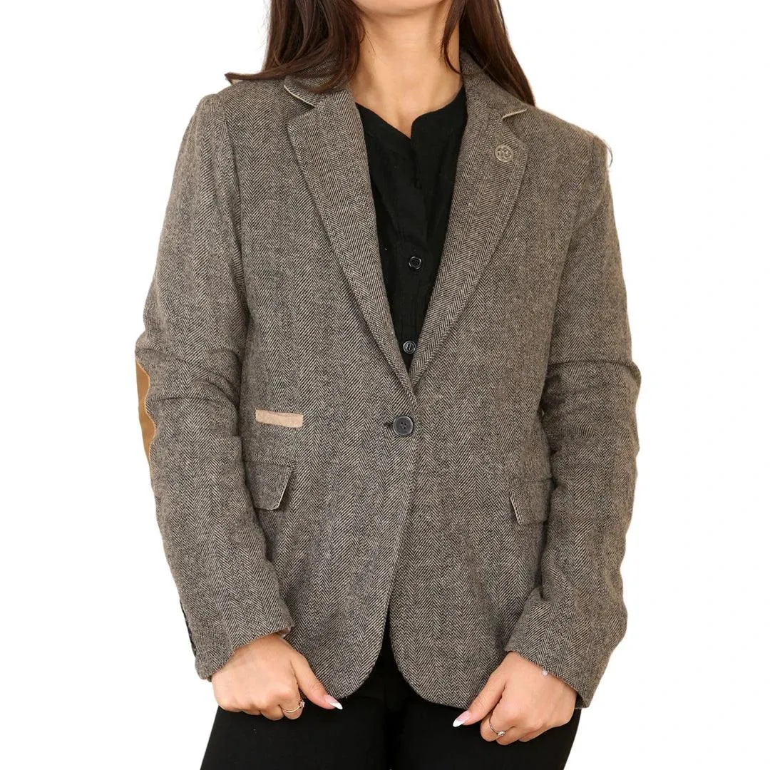 Womens Herringbone Tweed Waistcoat Blazer Oak Brown Classic Vintage Shooting Jacket