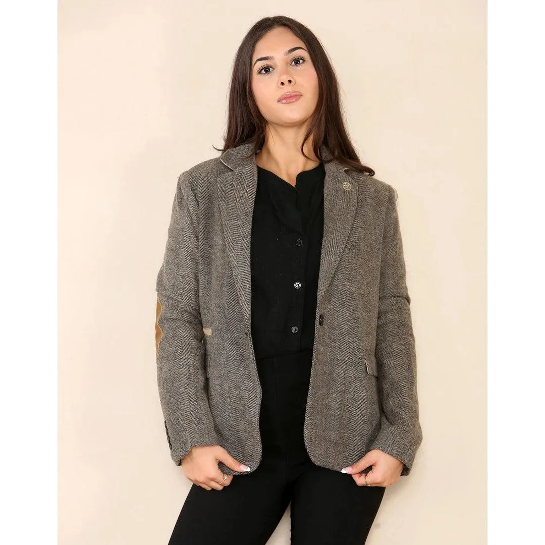 Womens Herringbone Tweed Waistcoat Blazer Oak Brown Classic Vintage Shooting Jacket