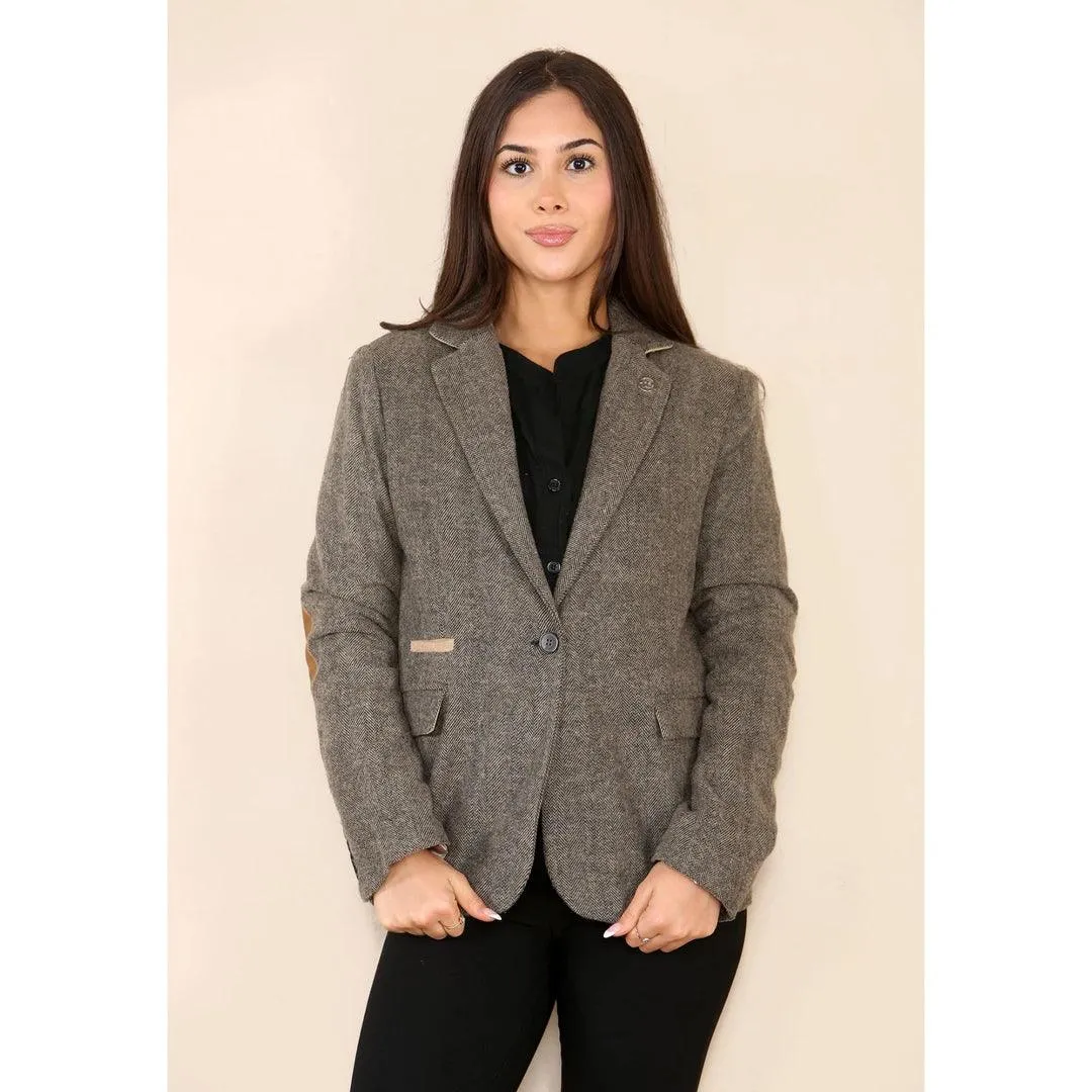 Womens Herringbone Tweed Waistcoat Blazer Oak Brown Classic Vintage Shooting Jacket