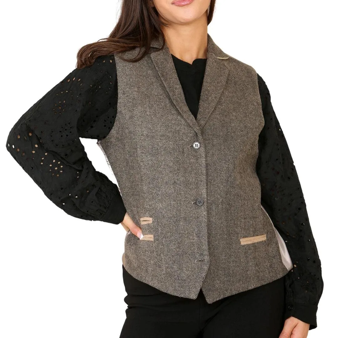 Womens Herringbone Tweed Waistcoat Blazer Oak Brown Classic Vintage Shooting Jacket