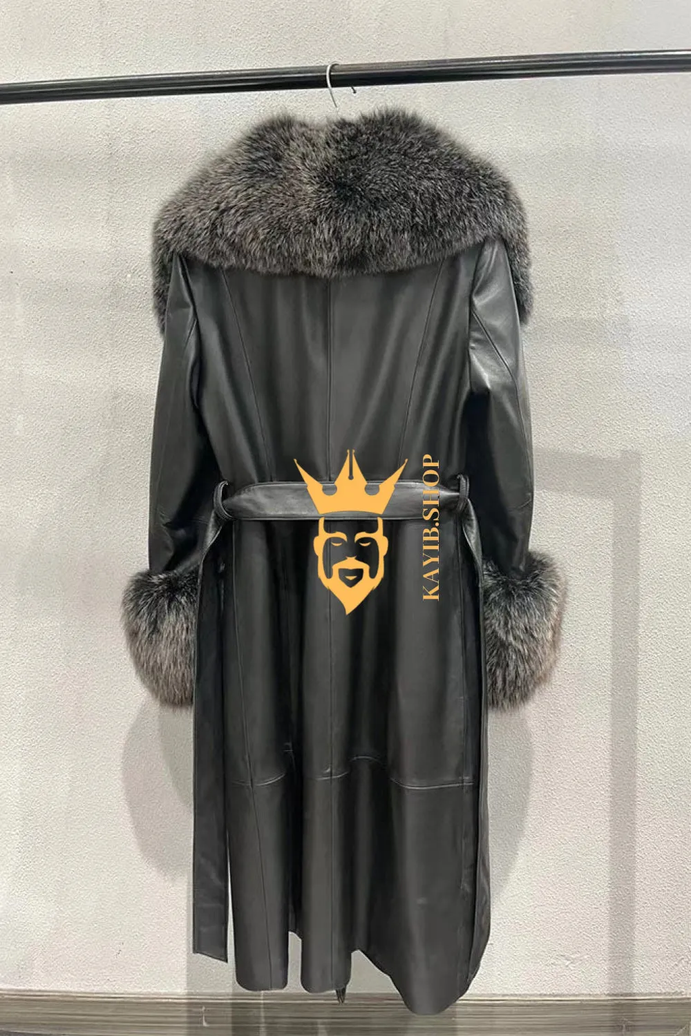 Women's luxury Leather Long Coat Jacket with Fox Fur Collar - Luxurious Elegance for Every Occasion