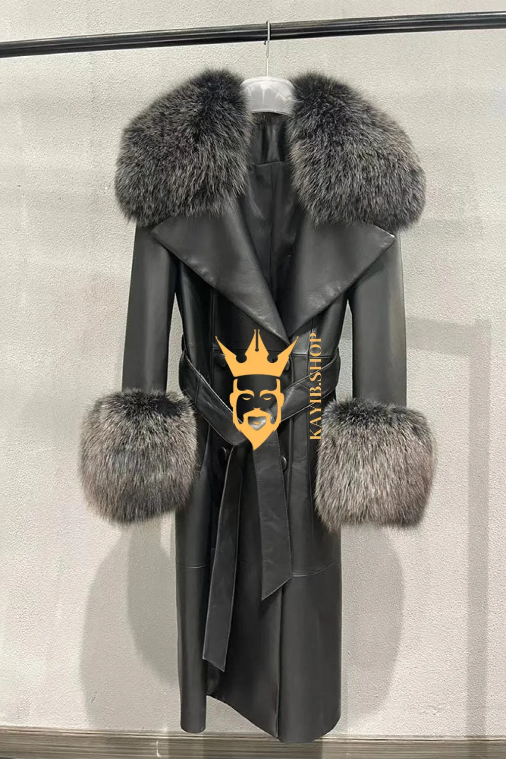 Women's luxury Leather Long Coat Jacket with Fox Fur Collar - Luxurious Elegance for Every Occasion