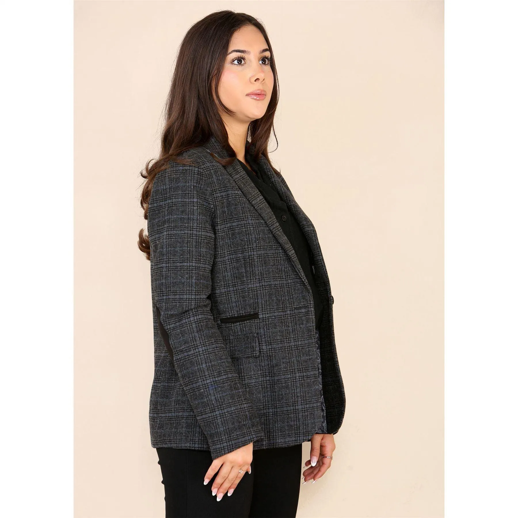 Womens Tweed Check Waistcoat Blazer Suit Grey Classic Vintage Elboy Patch 1920s